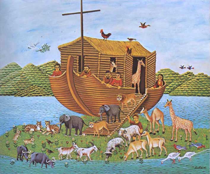 Tableau à l'huile de l'Arche de Noé, peinture naïve montrant tous les animaux descendant de l'arche.