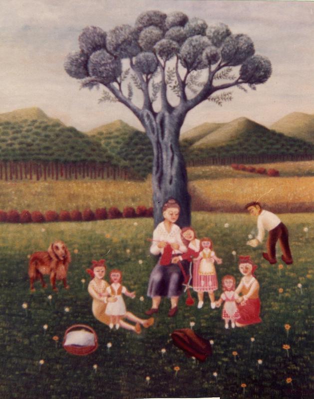 Tableau d'une famille profitant d'un pic-nic au pied d'un arbre