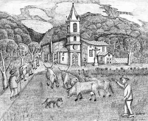 Dessin à l'encre de l'église de Saint Thomas en Royan, avec un champ et un paysan avec son troupeau