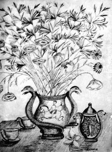 Dessin à l'encre de vase avec un cavalier dessiné